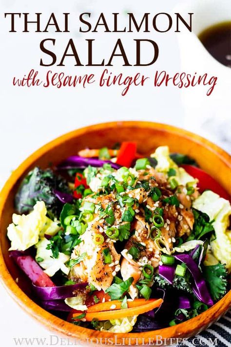 Salmon Salad Dressing, Salad With Sesame Ginger Dressing, Salmon Salad Recipe, Thai Salmon, Kale Cabbage, Sesame Ginger Dressing, Ginger Salmon, Salmon Salad Recipes, Salad Recipes Healthy Easy