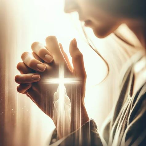 A close-up image of two hands of a woman gently clasped together in prayer. The hands are positioned against a soft, glowing background. In the foreground, subtly overlaying the praying hands, is a faint, ethereal image of the cross of Jesus, symbolizing faith and devotion. The image is rich in detail, conveying a sense of peace and spirituality, appealing to readers with an interest in the Bible. Prayers Hands Image, Spiritual Pictures Photography, Prayer Images Hands, Pray Pictures, Prayers For Monday, Praying Picture, Woman Praying Images, Praying Images, Prayer Background