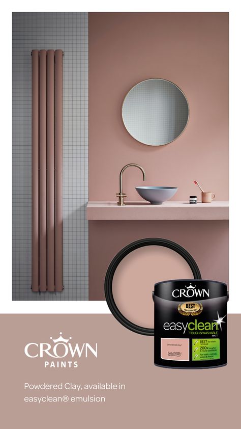 A modernist, sophisticated pink, Powdered Clay is the ideal paint update for your bathroom. Available in our easyclean® emulsion, wipe any marks that appear on the wall over time with damp cloth, to restore in to its freshly-decorated finish. Crown Bathroom Paint, Colours For Bathrooms, Crown Paint Colours, Crown Paint, Cloakroom Toilet, Toilet Ideas, Crown Paints, Old Bathroom, Downstairs Loo