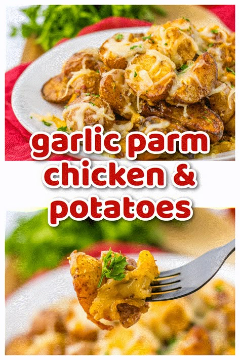 cheesy chicken and potatoes, chicken and potato skillet, chicken and potatoes, chicken skillet, easy chicken dinner, garlic parm chicken, garlic parm potatoes, one pot chicken dish, one pot dinner, skillet dinner Garlic Parm Sauce, New Supper Ideas, Garlic Parm Chicken, Parmesan Wing Sauce, Parm Chicken, Baby Potato Recipes, Chicken Chicken Recipes, Crispy Roasted Potatoes, Garlic Parmesan Potatoes