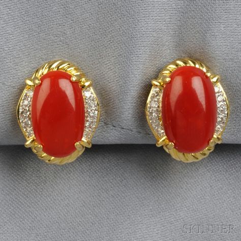 18kt Gold, Coral, and Diamond Earclips Pagadam Ear Studs, Coral Studs In Gold, Coral Earrings Gold Indian, Latest Gold Earrings, Gold Coral Earrings, Beautiful Gold Earrings, Fashion Jewelry Necklaces Gold, Earrings 2022, Red Coral Jewellery