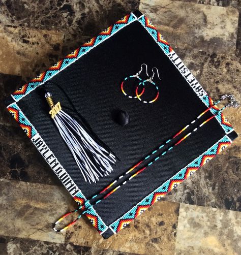 Sons Beaded Graduation Cap And Mommas Matching Necklace And Earrings ♡ How To Bead A Graduation Cap, Beading Graduation Cap, Beaded Caps, Indigenous Graduation, Native American Graduation Cap, Native Graduation Cap, Graduation Cap Beaded, Beaded Graduation Cap Native American, Beaded Graduation Cap