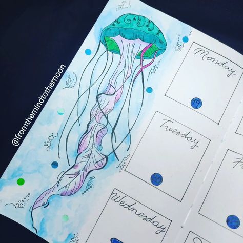 Mermaid Bullet Journal, Ocean Bullet Journal, Bujo 2023, Bujo Themes, Jellyfish Drawing, Journal 2024, Creating A Bullet Journal, Underwater Theme, Bullet Journal Themes