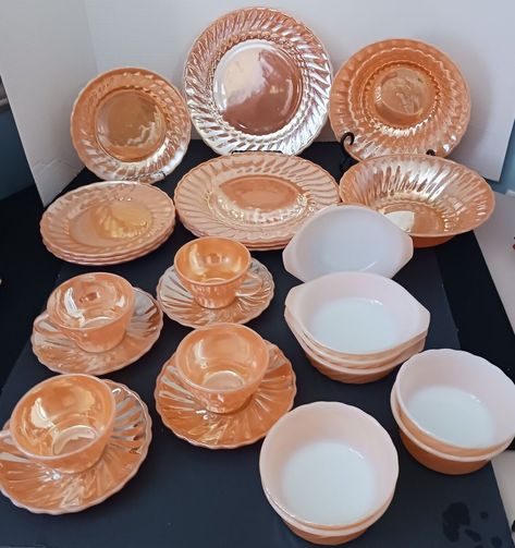 Check out Vintage Fire King Peach Lustre Swirl Lot of 26 Plates Cups Saucers Bowls, the latest item I added on eBay! #eBay #eBaySeller Peach Lustre, Vintage Fire King, Swirl Design, Fire King, Table Setting, Cup And Saucer, Swirl, Dinnerware, Bowl