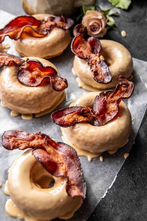 Baked Maple Bacon Doughnuts. - Half Baked Harvest Maple Bacon Donut, Bacon Donut, Half Baked Harvest Recipes, Uncured Bacon, Glazed Doughnuts, Family Friendly Recipes, Harvest Recipes, Half Baked, Maple Bacon