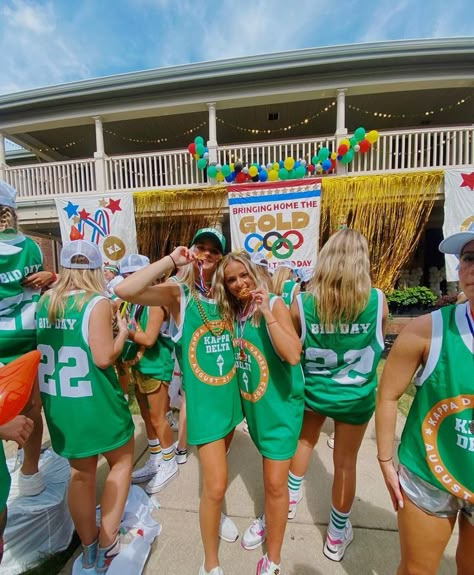 Green Bid Day Theme, Frat Painting, Greek Week Theme, Cheer Decor, Greek Games, College Shirt Design, Kappa Delta Bid Day, Sorority Pajamas, Sisterhood Round