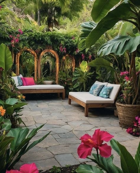 Tropical Garden Furniture, Tropical Flower Garden, Colorful Deck, Pond Design Ideas, Tropical Yard, Tropical Planting, Vilamoura Portugal, Landscape Tropical, Small Tropical Gardens