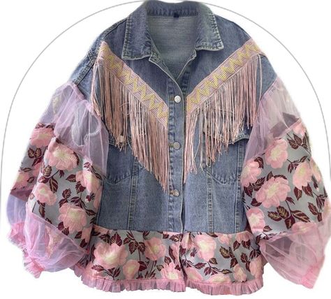 How To Make A Denim Jacket, Denim Jacket Design Ideas, Jacket Design Ideas, Patchwork Jean Jacket, Women Spring Fashion, Ropa Upcycling, Tassel Jacket, Jacket Dresses, Detail Couture