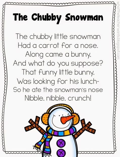 Shared Reading of Poem, "A Chubby Snowman" & Writing Response (from What the Teacher Wants) Snowman Poem, Shared Reading Activities, Shared Reading Poems, Kindergarten Poems, Preschool Poems, Winter Poems, Reading Poems, Winter Activities Preschool, Songs For Toddlers