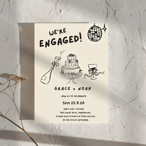 Hand Drawn Engagement Party Invitation Template Scribble Illustration Engagement Invites Handwritten We're Engaged Celebration Party Invite by loveinvitationco on Etsy Gender Reveal And Engagement Party, Whimsical Engagement Party, Summer Engagement Party Themes, Retro Engagement Party, Garden Party Engagement, Engagement Party Aesthetic, Engagement Party Theme, Engagement Illustration, Vintage Engagement Party