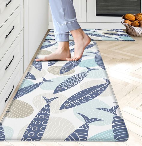 PRICES MAY VARY. 【Kitchen Anti-fatigue Floor Mat】The coastal beach themed anti-fatigue kitchen rugs are made of high-quality PVC materials, and 0.4-inch thickness provides soft comfort and stability. The comfort standing mat with runner contains 2 rectangular mats (17.3 x 47 inches and 17.3 x 28 inches). 【Stylish Rubber Kitchen Mat】The ocean sea kitchen rug adopts digital printing technology to ensure that the pattern is vivid and does not easily fade. Decorative blue marine life soft kitchen ru Beach Rental Decor, Houseboat Decor, Rubber Kitchen Mats, Large Kitchen Rugs, Standing Mat, Kitchen Decor Styles, Beach Kitchen, Anti Fatigue Kitchen Mats, Beach Kitchens