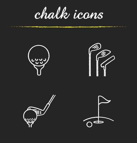 Golf chalk icons set. Golf course, clubs, ball on tee. Isolated vector chalkboard illustrations Bar Chalkboard Ideas, Chalkboard Vector, Vector Animation, Chalkboard Lettering, Yay Images, Chalkboard Art, Chalk Art, Perfect Image, Golf Course