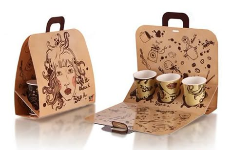 What a great design for carrying beverages! Much better than the typical ones they give out! Shopping Bag Design, Don Pedro, Paper Bag Design, Innovative Packaging, Cool Packaging, Coffee Shop Design, Food Packaging Design, Coffee Packaging, Paper Packaging