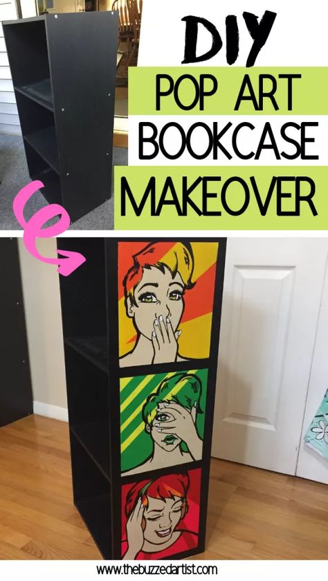 DIY Pop Art Inspired Bookshelf Makeover | Upcycled Art Diy Pop Art Decor, Bookshelf Upcycle, Diy Pop Art, Pop Art Furniture, Diy Decoupage Furniture, Old Bookshelf, Bookshelf Makeover, Easy Upcycle, Bold Eclectic