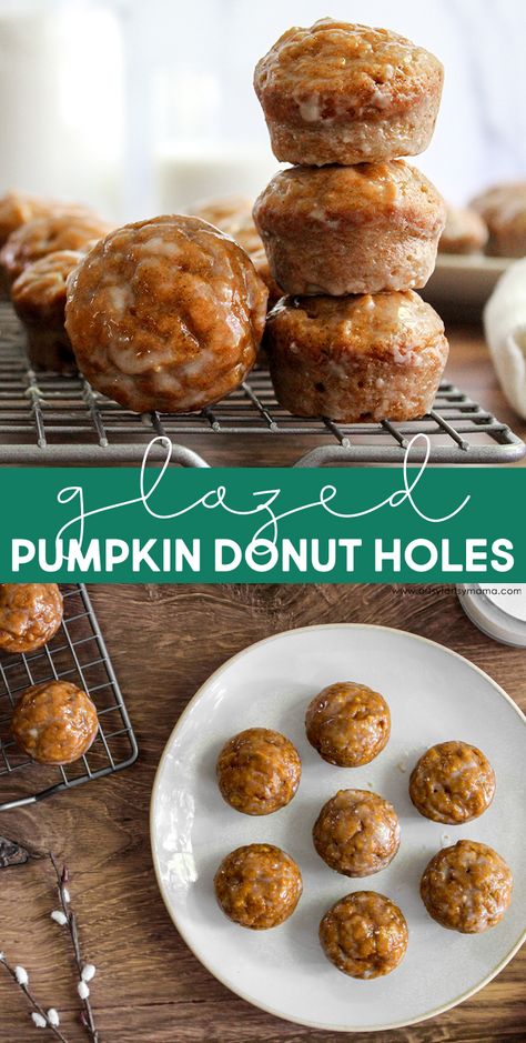 Glazed Pumpkin Donut Holes | artsy-fartsy mama Baked Pumpkin Spice Donut Holes, Pumpkin Donuts Holes, Glazed Pumpkin Donut Holes, Pumpkin Donut Holes Baked, Donut Holes Recipe Baked, Fall Brunch Ideas, Donut Hole Recipe Baked, Sweet Fritters, Donut Holes Recipe