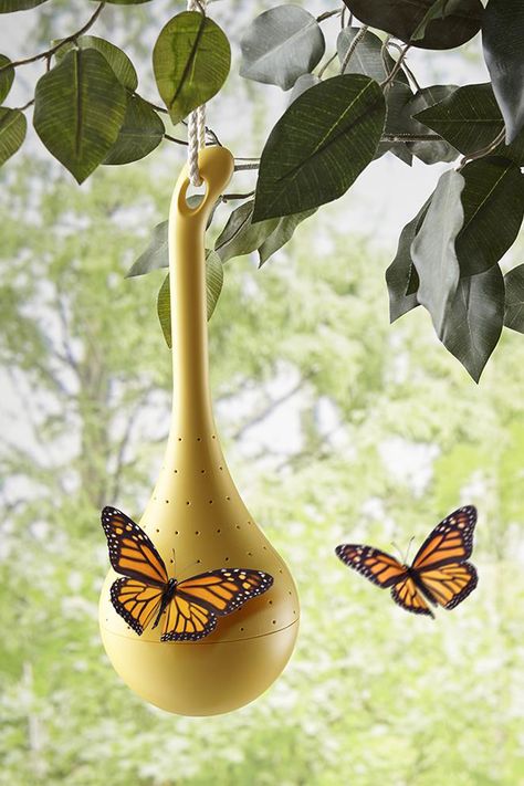 These unique hanging butterfly feeders hold nectar in an internal reservoir that can only be accessed by butterflies via small feeding holes surrounding the feeder. Bee Feeder, Butterfly Feeders, Hanging Butterfly, Butterfly Feeder, Gardening Indoors, Mexican Foods, Butterfly House, Whimsical Garden, Bird Garden