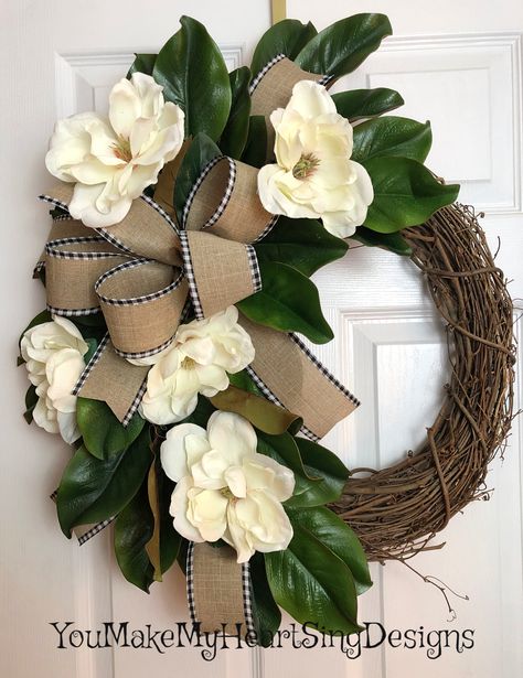 Magnolia wreath, magnolia decor, magnolia, greenery wreath, farmhouse magnolia wreath, magnolia grapevine wreath, magnolia blooms and leaves, #magnoliawreath #grapevinewreath Magnolia Wreath Ideas, Wreaths With Magnolia Leaves, Magnolia Grapevine Wreath, Magnolia Wreaths For Front Door, Magnolia Wreath Decor, Magnolia Decor Ideas, Leaf Wreath Diy, Magnolia Wreath Diy, Magnolia Flower Arrangement