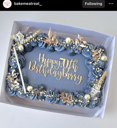 Modern Square Cake Design, 40th Anniversary Sheet Cake, Aesthetic Square Cake, Square Vintage Cake, Rectangle Birthday Cake Ideas, Blue Sheet Cake, Square Cake Design Birthdays, Square Birthday Cake Ideas, Rectangle Cake Designs