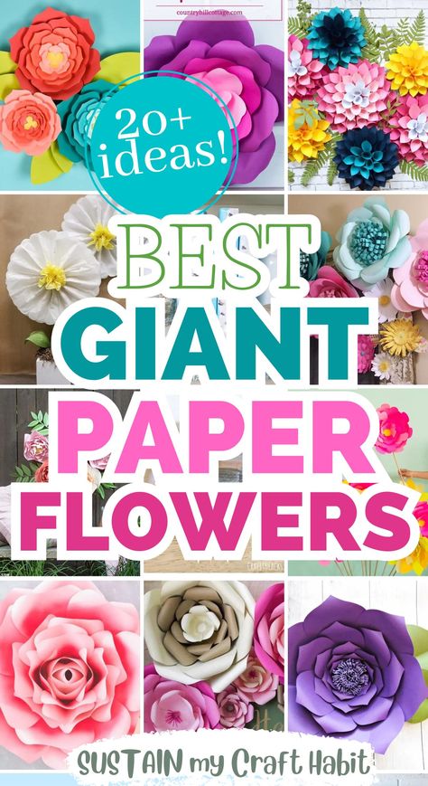 For weddings, birthday parties, baby showers and more, these 20 beautiful giant paper flower tutorials are perfect for home decorating or DIY paper flower backdrop making. #crafts #diyprojects Diy Wildflower Party Decor, Flower Backdrops For Parties, How To Make Giant Paper Flowers Diy Video Tutorials, How To Make Giant Flowers Out Of Paper, Paper Flowers Christmas Tree, Diy Paper Daisy Flowers, How To Make Huge Paper Flowers, Oversized Flowers Decor, Cardstock Paper Flowers