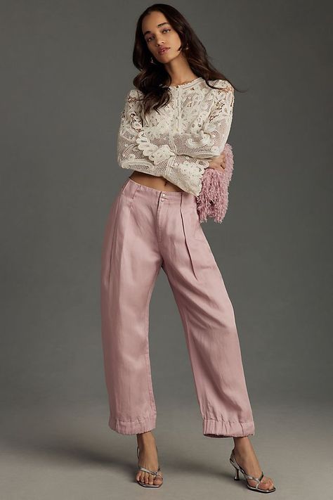 By Anthropologie High-Rise Cinched Hem Trousers Tropical Pants, Linen Pants Outfit, Cropped Linen Pants, Trousers Pants, Summer Pants, Jumpsuit Trousers, Silk Pants, Linen Trousers, Fashion Plates