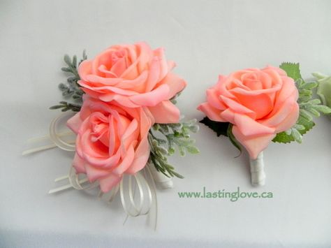 Coral corsage and boutonniere #coralandmintwedding Coral Corsage, Wedding Coursage, Coral Boutonniere, Gatsby Dresses, Coral Wedding Flowers, Corsage And Boutonniere, Peach Rose, Prom Accessories, Living Coral