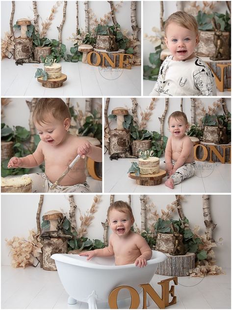 Woodland 1st Birthday Photo Shoot, Woodland Theme Photoshoot, Woodland Theme Cake Smash, Woodland First Birthday Photo Shoot, Cake Smash Boy Outfit, Woodland Cake Smash, Woodland Themed Cake, Smashed Cake, Baby Boy Cake Smash