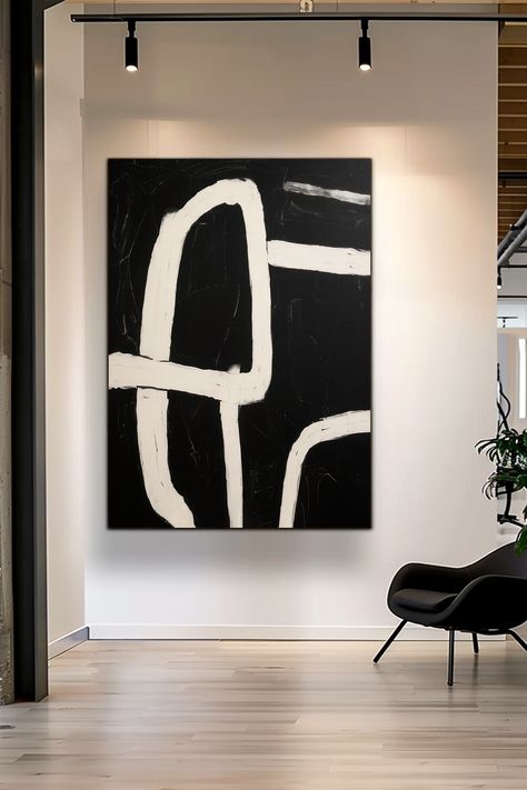 Original handmade black and white abstract painting with bold white lines on black background, modern minimalist wall art White Abstract Wall Art, Black And White Abstract Art, Abstract Ideas, White Abstract Art, Office Spaces, Contemporary Home Decor, Black And White Abstract, Contemporary Home, Deep Black