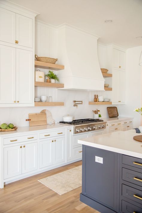 White Kitchen Brass Hardware, Clean Kitchen Decor, Gold Kitchen Hardware, Blue Kitchen Island, Dallas Interior Design, Bright Kitchen, Light Hardwood, Light Hardwood Floors, White Kitchen Island