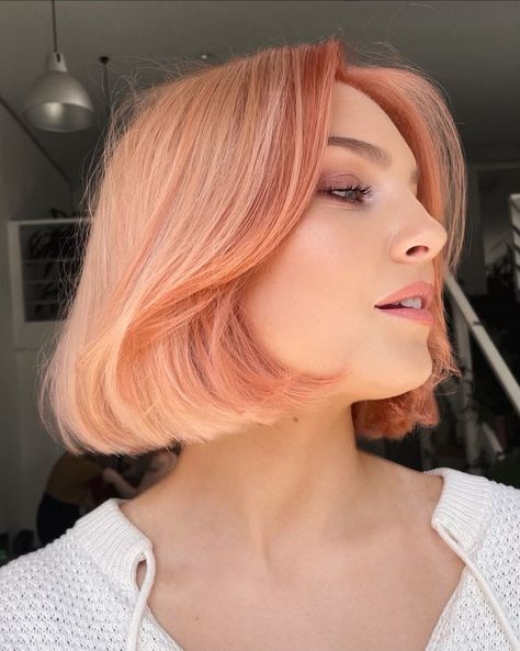 Peach Fuzz Hair Color, Pastel Bob Hair, Peachy Blonde Hair, Peach Blonde Hair, Peachy Hair Color, Peachy Pink Hair, Pink Peach Hair, Adorable Hairstyles, Peach Hair Colors