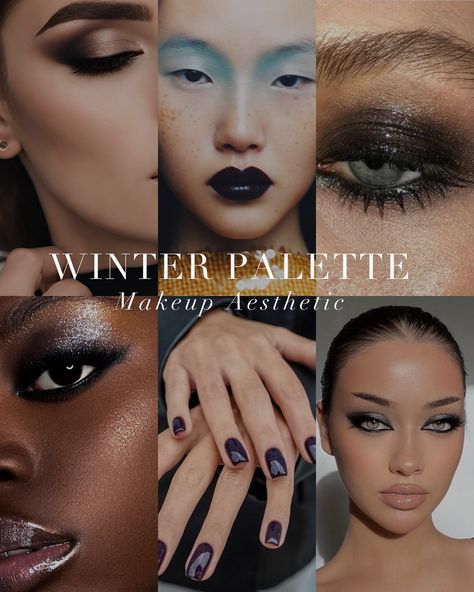 Bright Winter Aesthetic, Deep Winter Nail Colors, Dark Winter Makeup Looks, Deep Winter Makeup Looks, Bright Winter Makeup, Dark Winter Makeup, Deep Winter Makeup, Cool Toned Makeup, True Winter Makeup