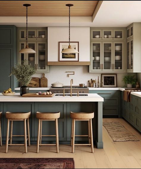 Green Kitchen Island, Elegant Kitchen Design, Green Kitchen Cabinets, Floor Ideas, Elegant Kitchens, Kitchen Color, Modern Farmhouse Kitchens, Farmhouse Dining Room, Kitchen Floor