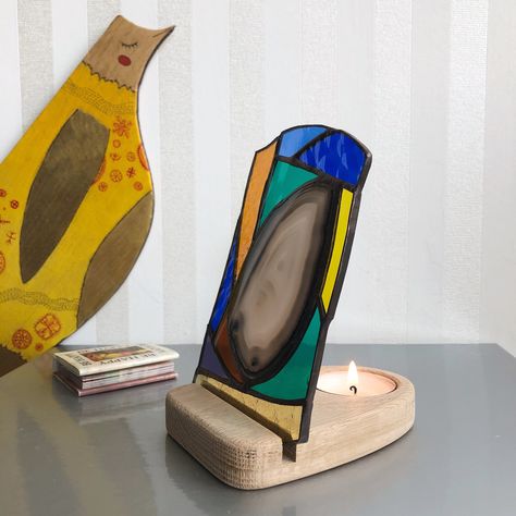 Stained Glass Tealight Holder, Stained Glass Display Stands, Stained Glass With Agate Slices, Stained Glass Display, Stained Glass And Wood, Stained Glass Candle Holders, Free Stencils Printables, Stained Glass Candles, Wood Display Stand