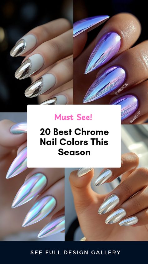 Explore 20 vibrant chrome nail colors ideal for the current season. This pin highlights stunning nail designs using four images that showcase shiny, stylish, and trendy looks to refresh your manicure. Unicorn Chrome Nails Designs, Gradient Chrome Nails, Chrome Accent Nail, Glitter Chrome Nails, Chrome Glitter Nails, Colored Chrome Nails, Neon Chrome Nails, Chrome Winter Nails, Chrome Effect Nails