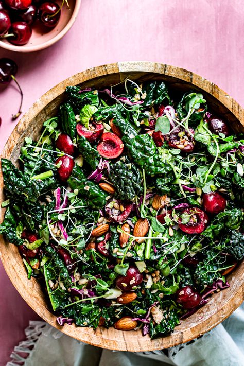 Bourbon Cherry Kale Salad with Almond Oat Granola Cherry Salad, Naturally Sweetened Desserts, Seed Granola, Cherries Salad, Bourbon Cherries, Shredded Brussel Sprouts, Savory Salads, Granola Healthy, Balsamic Dressing