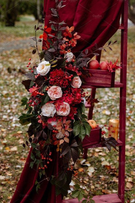 Floral Party Theme, Red Wedding Theme, Wedding Ceremony Ideas, Marsala Wedding, Orchard Wedding, Maroon Wedding, Wedding Arch Flowers, Arch Flowers, Golden Red