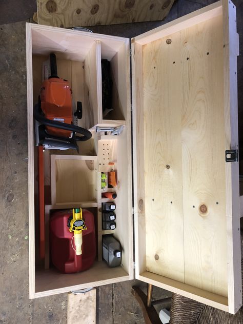 Diy Chainsaw Storage, Chainsaw Box Storage, Chainsaw Storage Box Diy, Chain Saw Storage, Chainsaw Storage Ideas, Chainsaw Storage, Tool Shed Organizing, Storage Shed Organization, Garage Workshop Organization