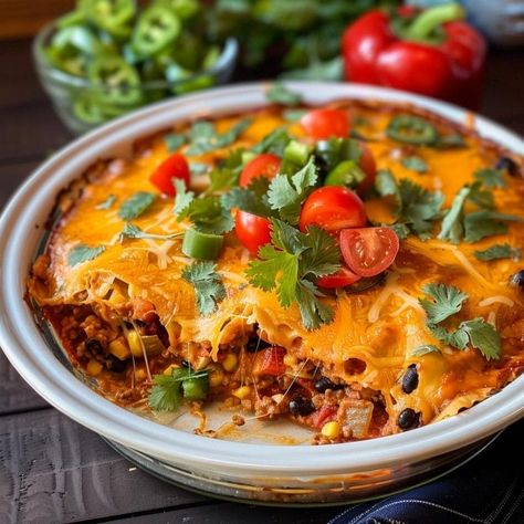 Enchilada Pie Recipe Enchilada Pie Recipe, Enchilada Pie, Chocolate Rice Krispies, Fried Apple Pies, Avocado Salad Dressing, Fried Tortillas, Cheese Steak Sandwich, Peanut Butter Chocolate Bars, Fried Apples