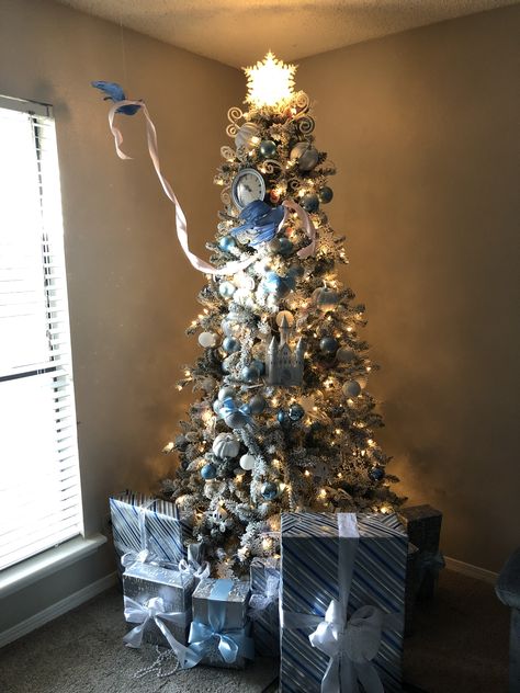 My 2018 Christmas tree  Disney’s Cinderella theme  Blue, white, silver Christmas tree Cinderella Christmas  #themedchristmastree #christmastree Pink Blue White Christmas Tree, Cinderella Christmas Tree Ideas, Disney Princess Themed Christmas Tree, Cinderella Themed Christmas Tree, Fairytale Christmas Tree, Cinderella Christmas Decorations, Cinderella Tree Christmas, Frozen Theme Xmas Tree, Cinderella Christmas Tree