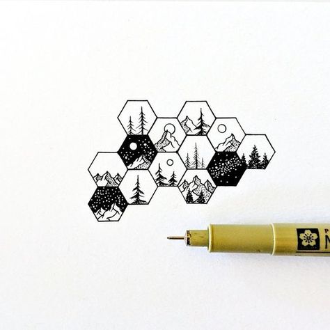 A bunch of tiny hexagon landscapes 심플한 그림, Illustration Tattoo, Art Sketches Doodles, Art Sketches Pencil, Pencil Drawings Easy, 카드 디자인, Easy Doodle Art, Easy Doodles Drawings, Sketch Illustration