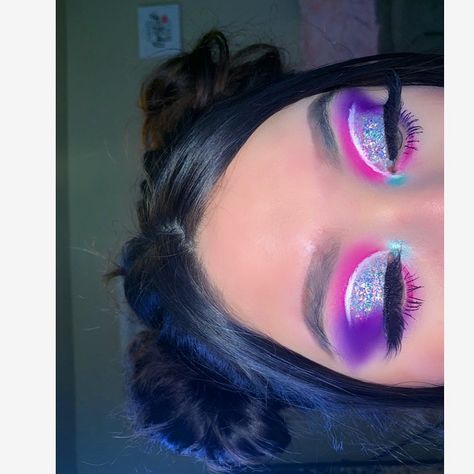 Pink And Blue Glitter Makeup, Multi Color Makeup Look, Pink And Blue Makeup Ideas, Take Me Back To Brazil Palette Looks, Colorful Rave Makeup, Colorful Eye Makeup Looks, Multi Color Eyeshadow Looks, Bright Color Makeup Looks, Dramatic Colorful Eye Makeup