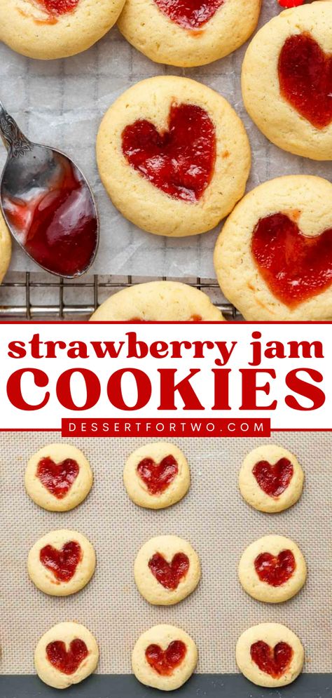 These Easy Strawberry Jam Cookies are the dessert to make at home all year long! This sweet food features a melt-in-your-mouth shortbread cookie recipe. With heart centers filled with strawberry jelly, these thumbprint cookies are cute and tasty! Strawberry Jam Cookies, Heart Cookies Recipe, Easy Strawberry Jam, Jelly Cookies, Dessert To Make, Caramel Chocolate Chip Cookies, Valentines Baking, Thumbprint Cookies Recipe, Jam Cookies