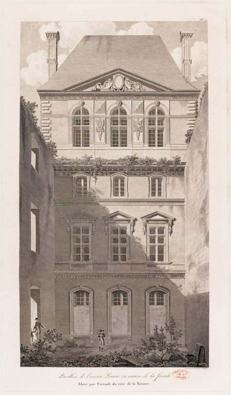 Baltard, Louis-Pierre     Due to the abandonment of the Louvre, the riverside wing was never completed and the old façade remained trapped behind large walls overgrown with weeds.     A Pavilion of the Old Louvre at the Back of the Riverside Façade Built by Perrault - 1802 – Etching and line engraving 3d Blueprint, Neo Classical Architecture, Large Walls, Glam House, German Architecture, Le Louvre, Carpentry And Joinery, Brutalism Architecture, Architectural Sketch