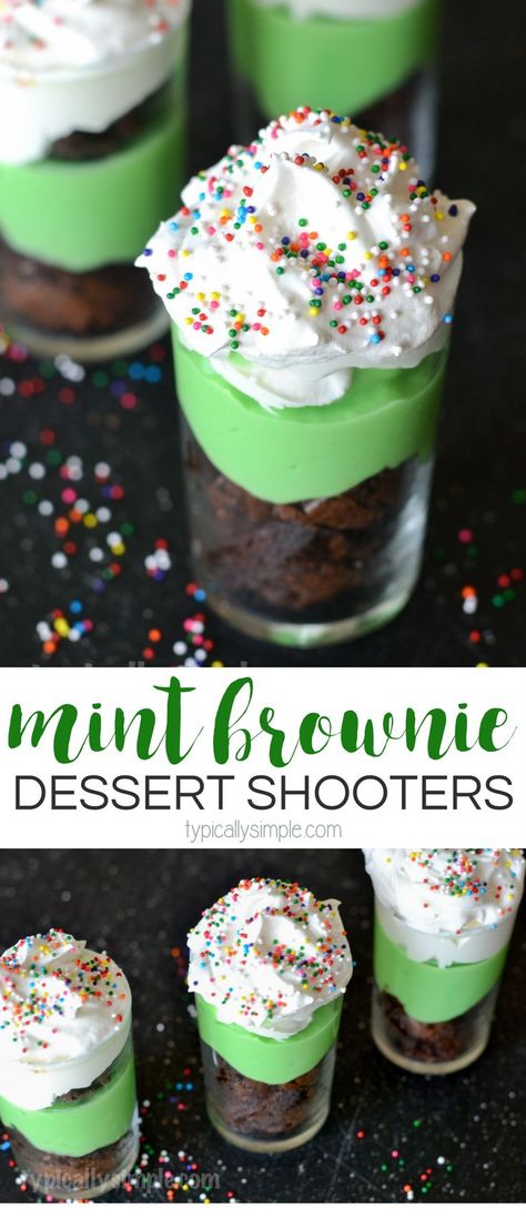 These mint brownie dessert shooters are super easy to make and oh so yummy to eat! A festive treat that is perfect for St. Patrick’s Day! Desserts Shooters Recipes, Desert Shooters, Shooter Desserts, Mini Desserts Shooters Recipes, Cups Desserts, Mini Dessert Shooters, Dessert Shooters Recipes, Shot Glass Desserts, Shooter Recipes