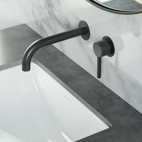 The Ivy Wall-Mount Faucet was designed to conserve space and give a contemporary twist to any bathroom. This minimalist, single-handle faucet was engineered with brass to help resist against corrosion and rust. FEATURES: High quality modern luxury design Brass built – made to last Faucet flow rate of 1.2 GPM Two-handle – easy to use Three-hole, easy installation DOCUMENTATION: Installation Manual Spec Sheet Wall Faucet Bathroom, Bathroom 2022, Matte Black Bathroom Faucet, Bathroom Faucets Black, Black Bathroom Faucet, Matte Black Faucet, Ivy Wall, Wall Faucet, Matte Black Bathroom