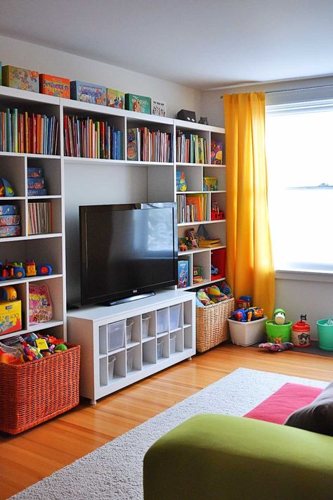 50+ Living Room Toy Storage Ideas That Keep Everyone Happy Toy Wall Storage Ideas, Basement Toy Storage Ideas, Wall Toy Storage Ideas, Living Room With Toys, Toy Storage Ideas For Small Spaces, Play Space In Living Room, Toy Storage In Living Room, Toy Storage Ideas For Living Room, Room Toy Storage Ideas