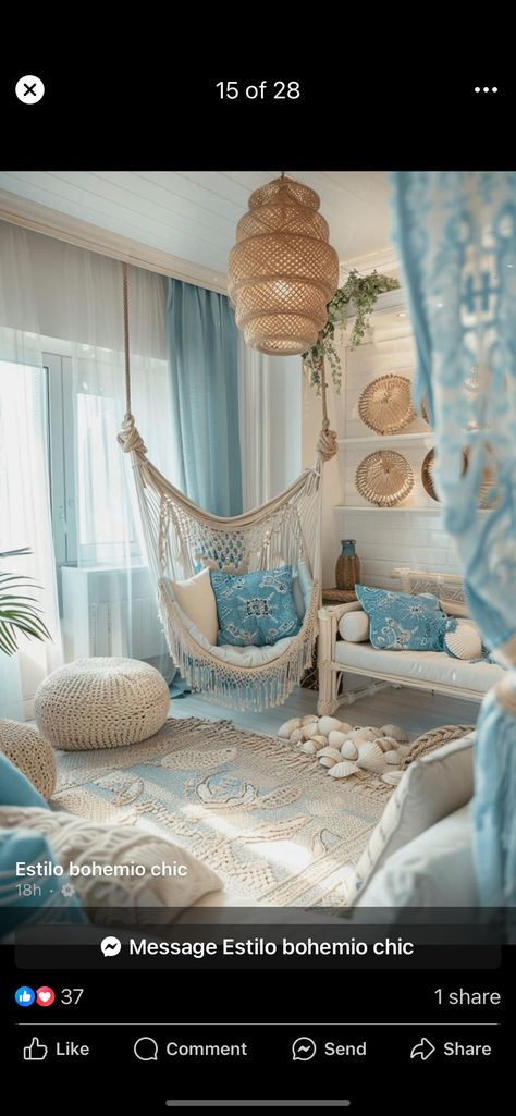 Bedroom In Living Room Ideas Inspiration, Pastel Beach Bedroom, Summer Rooms Ideas, Ocean Decor Aesthetic, Aesthetic Blue Bedroom Ideas, Beach Bed Rooms, House Interior Theme Ideas, Blue Ocean Room Aesthetic, Sea Room Ideas Bedrooms