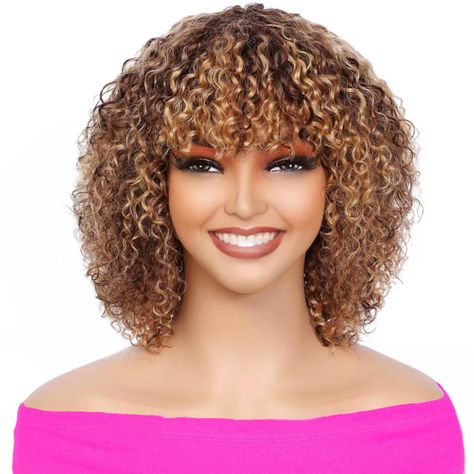 PRICES MAY VARY. ❤【Short Cruly Wig Quality】100% real human hair short curly wigs,best quality virgin hair,can be straightened,curled, and re-styled,silky and super soft touch,full of bounce.tangle free,last long time.just looks like and grew out from your scalp! ❤【Curly Wig Cap Size】medium cap size (21.25"-22.5"),with Adjustment Straps,which can be adjusted tightness to fit all different size head.can fix the wig, making it more comfortable to wear. ❤【Short Curly Wigs Feature】None Lace Front Wig Brown And Blonde Wig, Brown And Blonde, Human Hair Color, Hair Wigs For Women, Short Curly Wigs, Curly Human Hair Wig, Wigs Human Hair, Curly Wig, Wig With Bangs