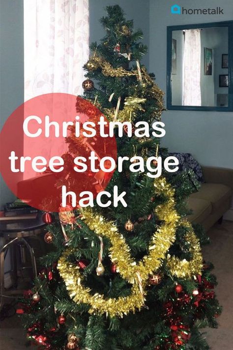 You'll never store your Christmas tree the same way again! For those that do not like to un-decorate and re-decorate this tree every year, this Plastic Wrapped Christmas Tree hack may be just the ticket! (pinned in partnership with Hometalk) Diy Ornament Organizer, Storing Christmas Tree, Hometalk Diy, Christmas Help, Pinterest Christmas, Diy Pallet Sofa, Christmas Delights, Christmas Tree Storage, Diy Wall Shelves