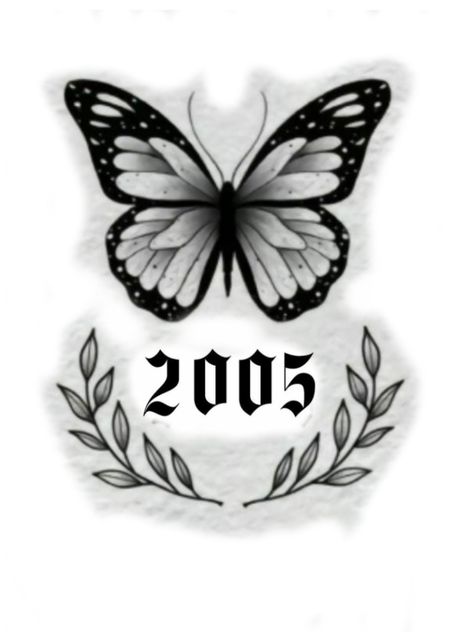 Butterfly With Year Tattoos, Birth Year Butterfly Tattoo, 2002 Tattoo With Butterfly, Butterfly And Birth Year Tattoo, Butterfly With Date Tattoo, Monarch Butterfly Tattoo Stencil, 2000 Tattoo Year Ideas, 2005 Tattoo, Borboleta Tattoo