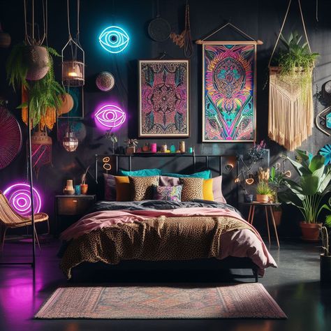 Colorful Goth Bedroom, Black And Neon Bedroom Ideas, Boho Punk Bedroom, Neon Boho Bedroom, Neon Goth Room, Dark Dopamine Decor, Pastel Goth Room Ideas, Pastel Goth Bedroom, Attic Hideaway